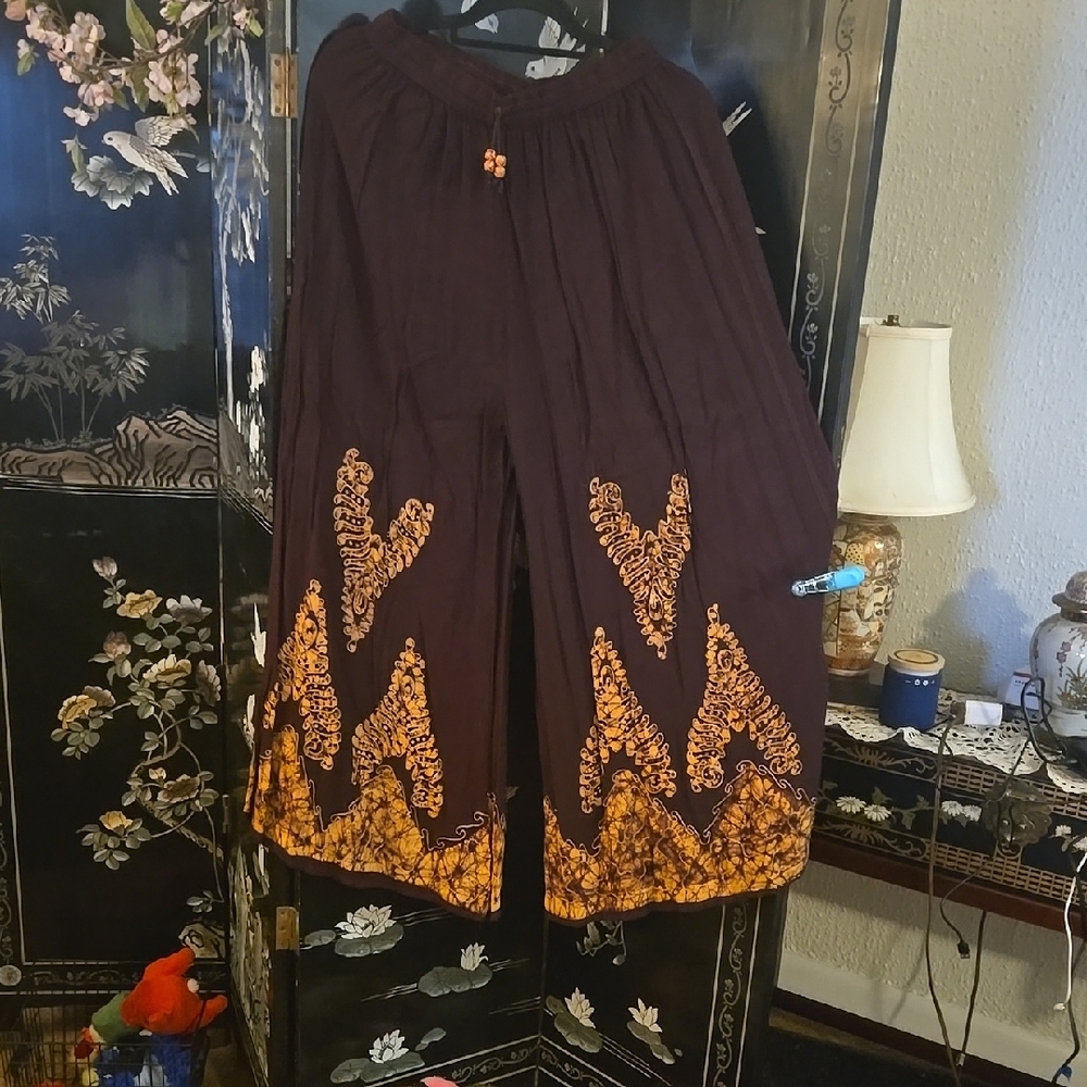 Bohemian Wide-Leg Pants with Orange Embroidery